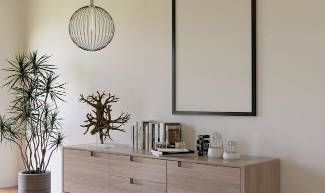 Elegante interior moderno con una elegante credenza, un marco vacío y elementos decorativos en un espacio habitable.