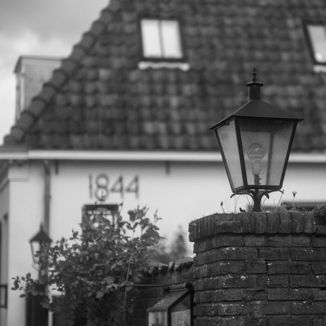 Imagen en blanco y negro de una casa de ladrillo vintage y un poste de luz exterior.