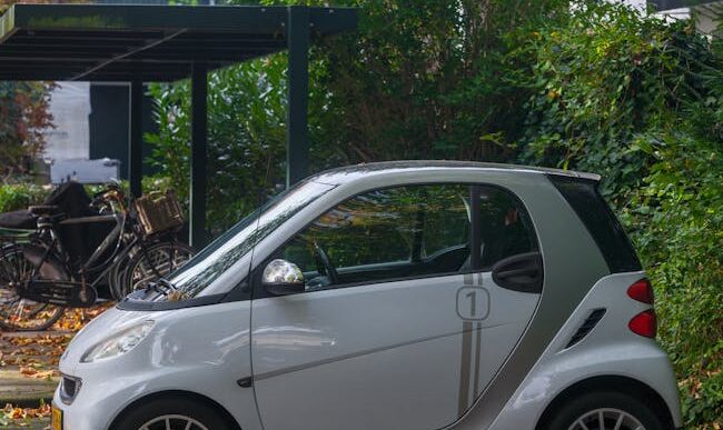 Un automóvil inteligente compacto de color blanco estacionado al aire libre en una zona urbana frondosa, perfecto para navegar por la ciudad.